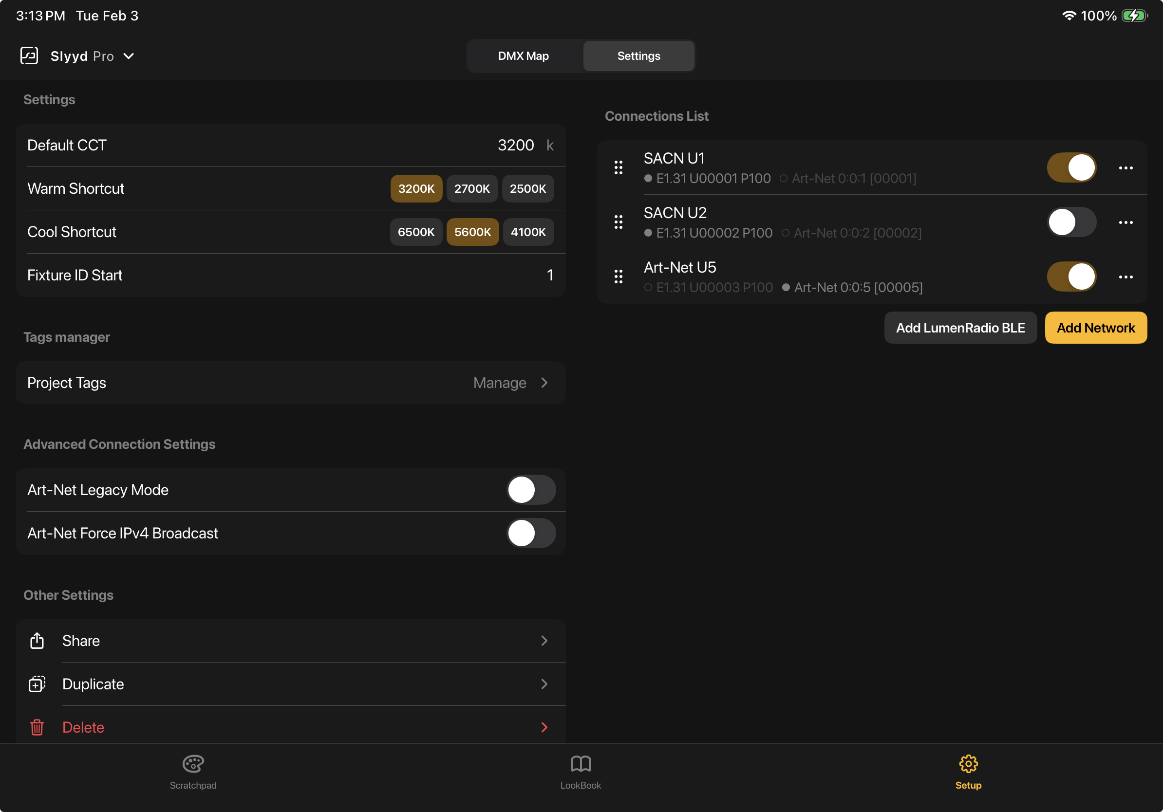 Project settings screen