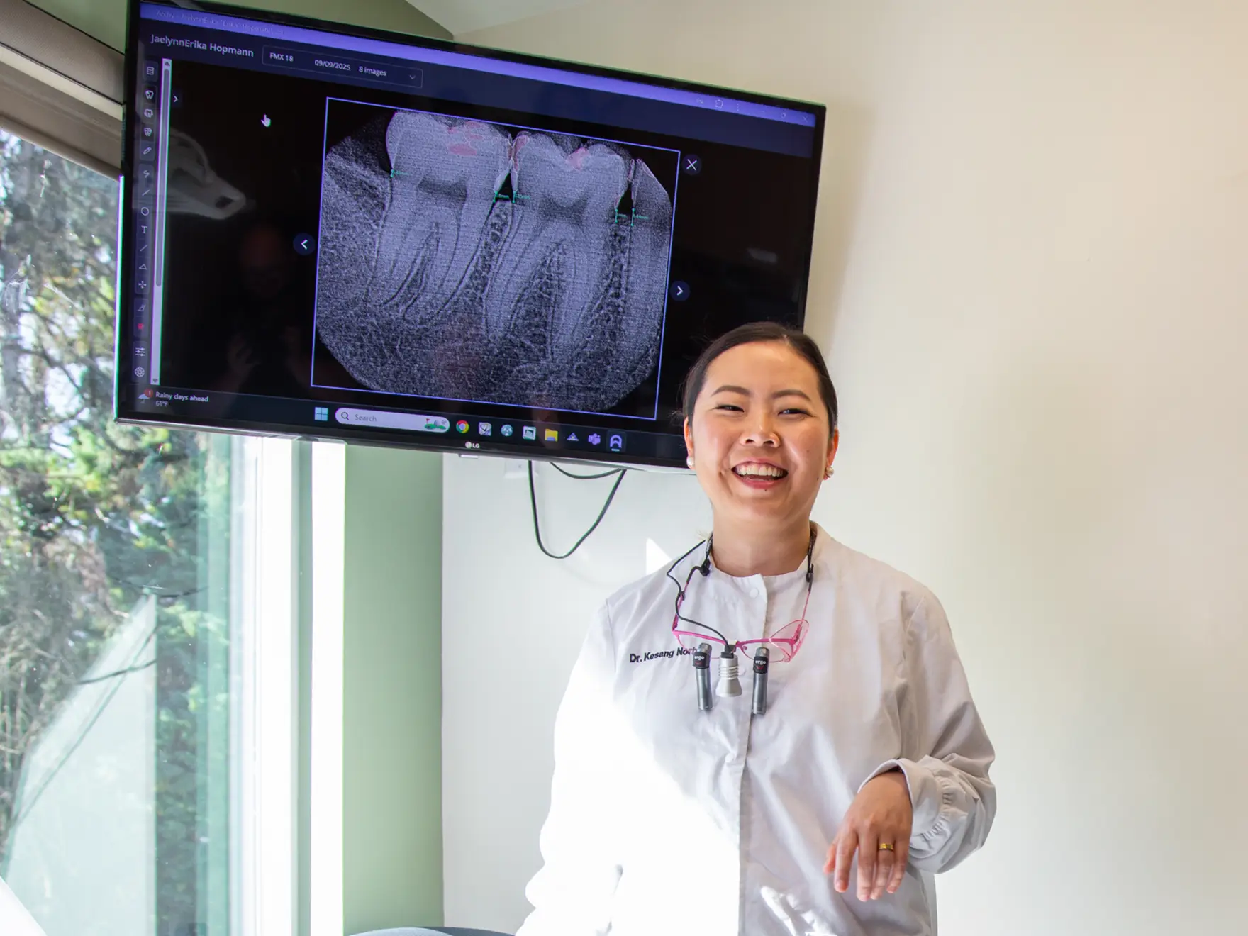 A dentist explains dental X-rays on a screen to a seated patient.