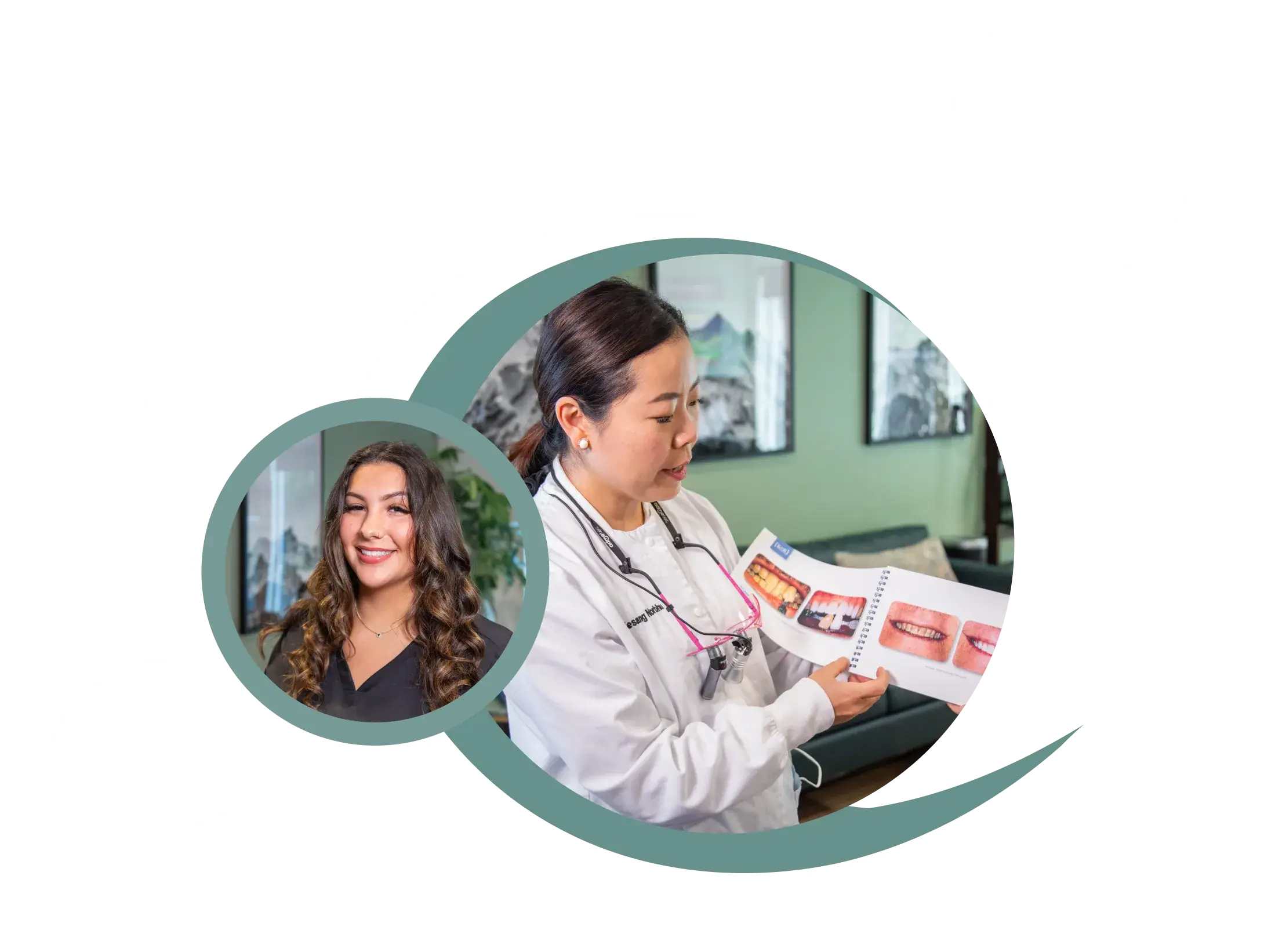 A dental professional shows a booklet of dental images to a patient.