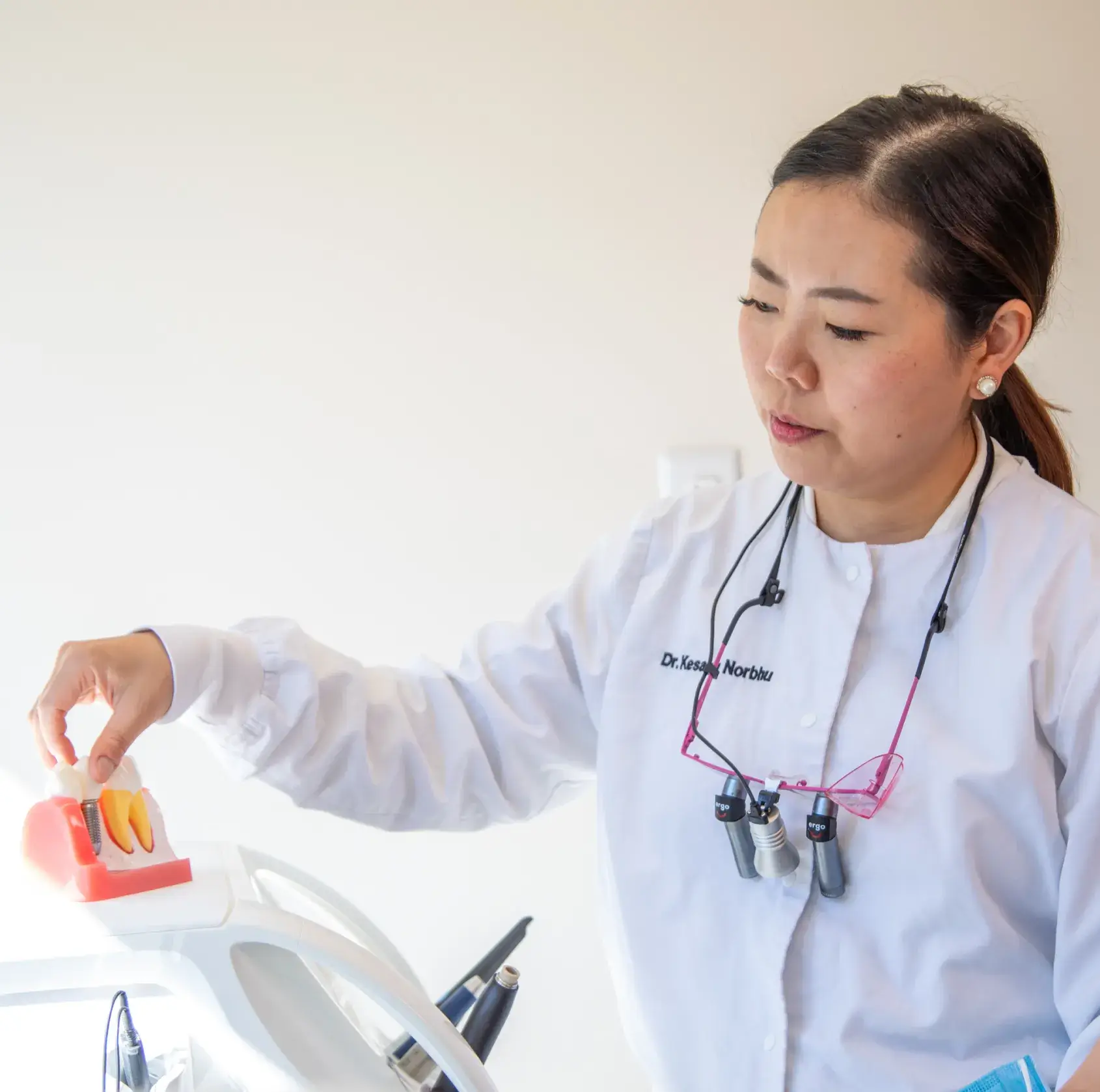 A dental professional demonstrates a dental model's function with her hand in a clinic setting.