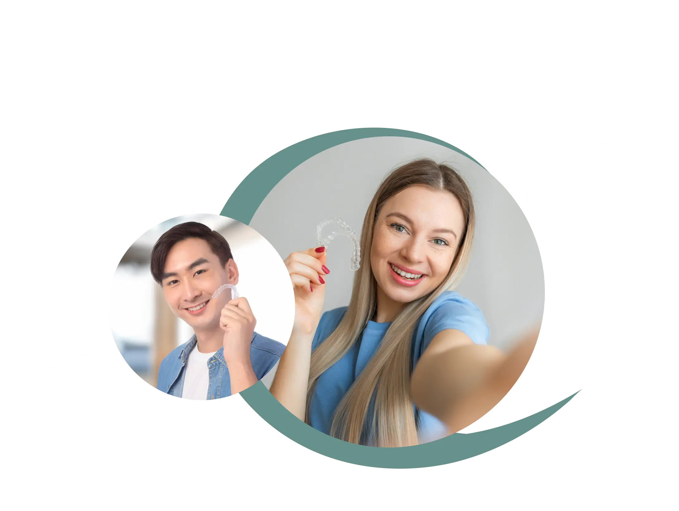 A woman holds a dental aligner, smiling at the camera. Another woman smiles in an inset portrait.
