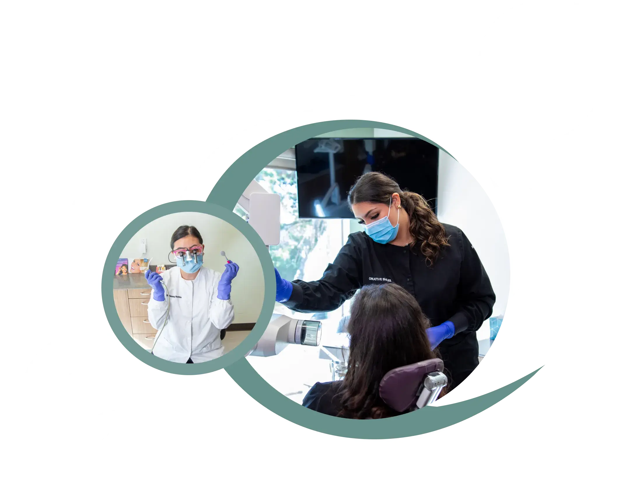 A dental professional helps a patient in the chair while another holds dental tools nearby.