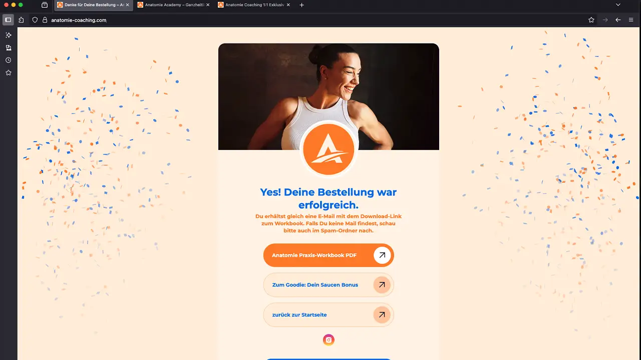 Automatisierte Dankeseite nach erfolgreicher Bestellung im Anatomie-Coaching-Webflow-Shop mit Konfetti-Effekt, orangem Logo und Download-Button.