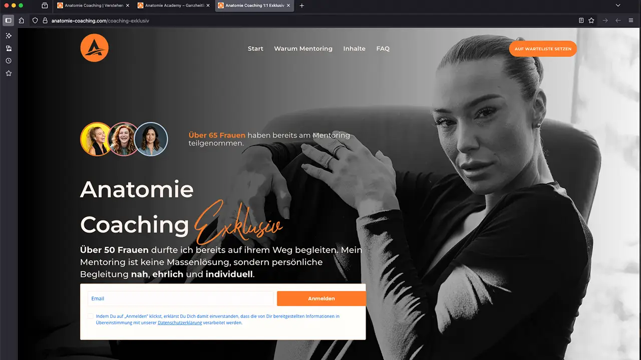 Webflow-Website für Anatomie Coaching von Anna Hahn, gestaltet von Kim Weber | dieKreativtuner – modernes Webdesign mit Fokus auf Klarheit, Struktur und Markenwirkung.