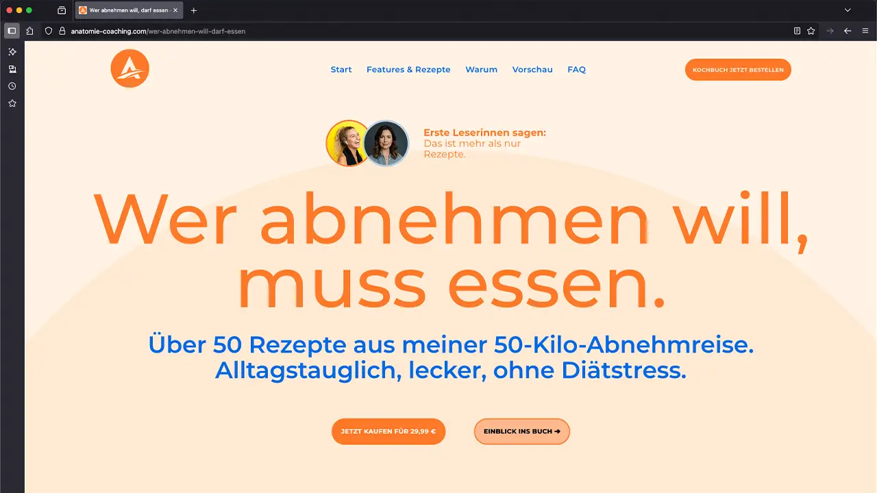 Produktseite des Anatomie-Coaching-Webprojekts mit Darstellung des Praxis-Workbooks und Kochbuchs, inklusive CTA-Buttons und cleanem, modernen Layout.
