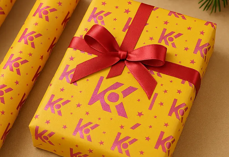 elb-rot verpacktes Geschenk mit rotem Satinband, dekoriert mit wiederholtem ‚Kimi Weber – dieKreativtuner‘-Markenlogo in Pink. Daneben liegt passendes Geschenkpapier mit gleichem Muster, auf einem warmen, beigefarbenen Hintergrund und Tannenzweig im Bildrand.
