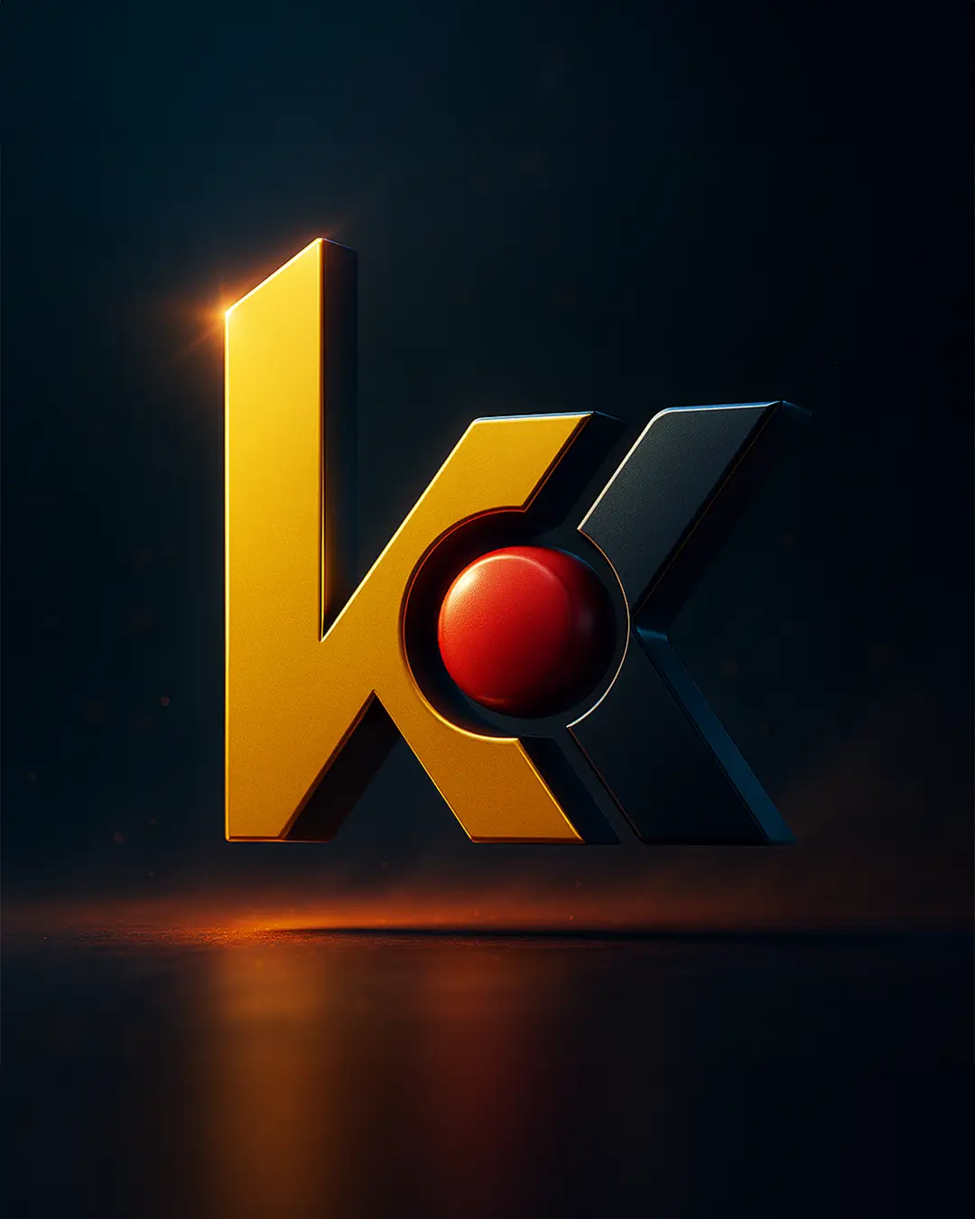 3D-Logo mit goldener und schwarzer Buchstabenform, in der Mitte ein runder roter Glanzpunkt. Das Logo steht vor dunklem Hintergrund mit warmem Lichtreflex auf der linken Kante und sanfter Spiegelung auf der Oberfläche darunter.