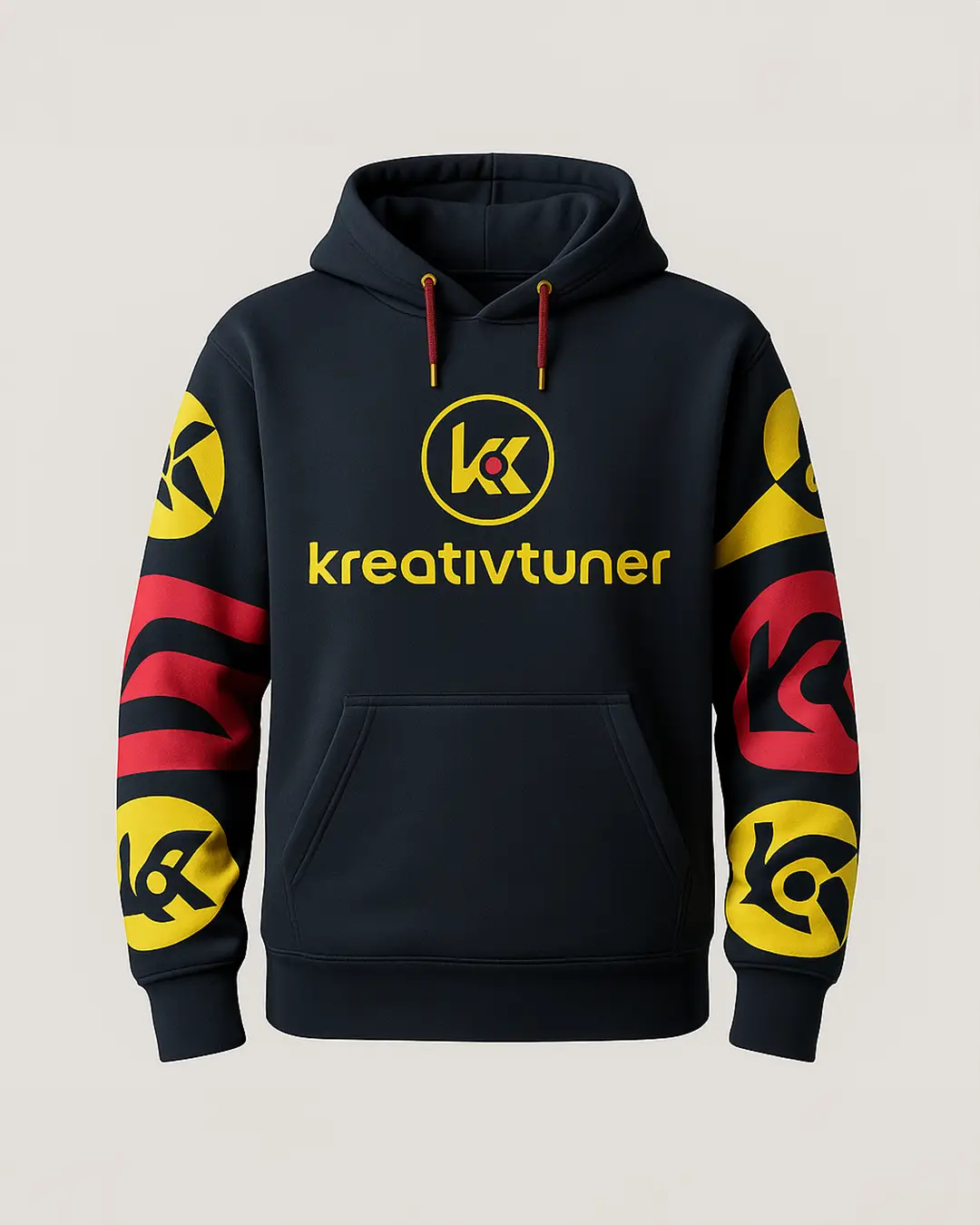 unkelblauer Hoodie mit gelbem ‚kreativtuner‘-Schriftzug und kreisförmigem Logo auf der Brust. Die Ärmel sind mit großen gelben und roten Logo-Elementen dekoriert, und die Kapuzenkordeln sind rot mit gelben Endkappen.