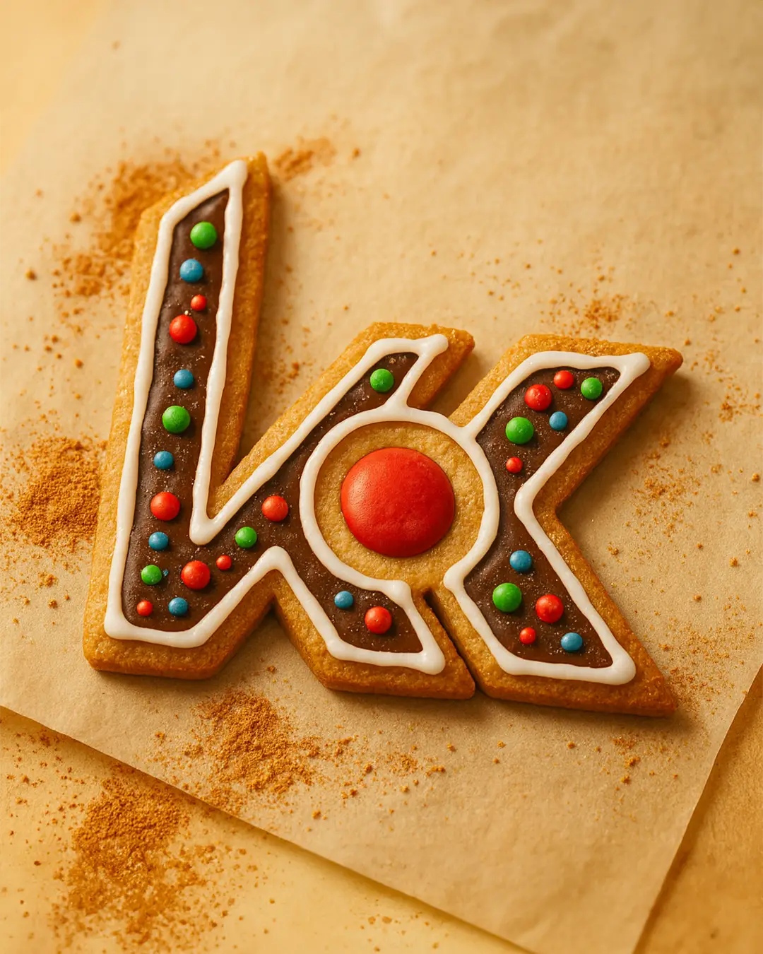 eks in der Form eines stilisierten ‚K‘-Logos, dekoriert mit brauner Glasur, weißem Zuckerrand und bunten Zuckerkugeln. In der Mitte sitzt ein großer roter runder Zuckerknopf. Der Keks liegt auf braunem Backpapier mit verstreutem Zimt.