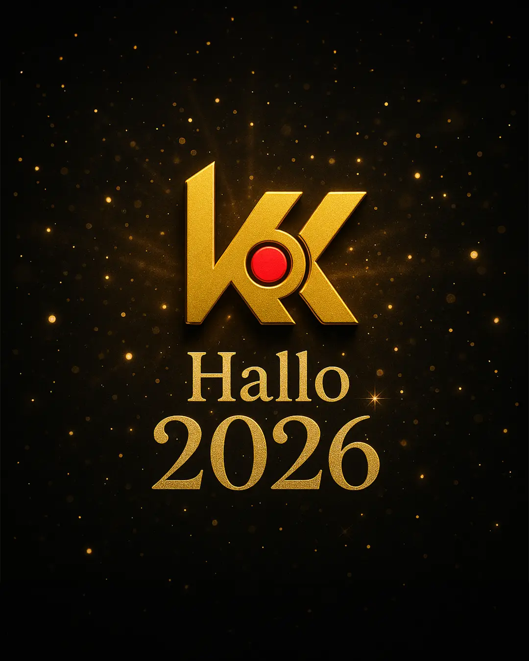 Goldenes 3D-Logo vor schwarzem Hintergrund mit glitzernden Lichtpunkten. Unter dem Logo steht in goldener Schrift ‚Hallo 2026‘. Die Szene wirkt festlich mit funkelnden Partikeleffekten.