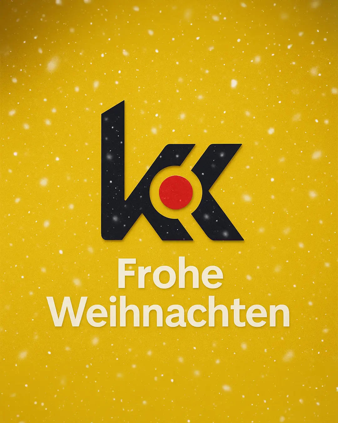 Schwarzes und rotes 3D-Logo auf gelbem Hintergrund mit fallenden Schneeflocken. Unter dem Logo steht in weißer Schrift ‚Frohe Weihnachten‘.
