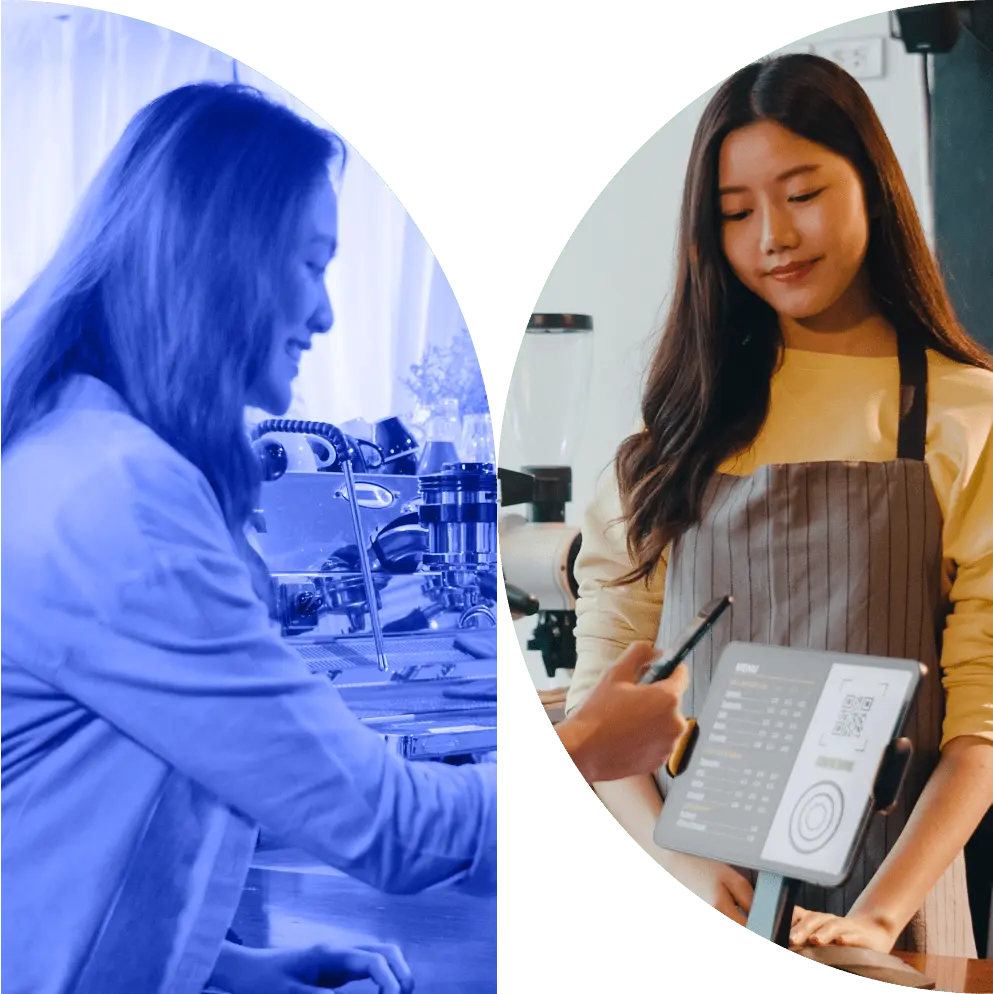 A woman using a phone to pay barista.
