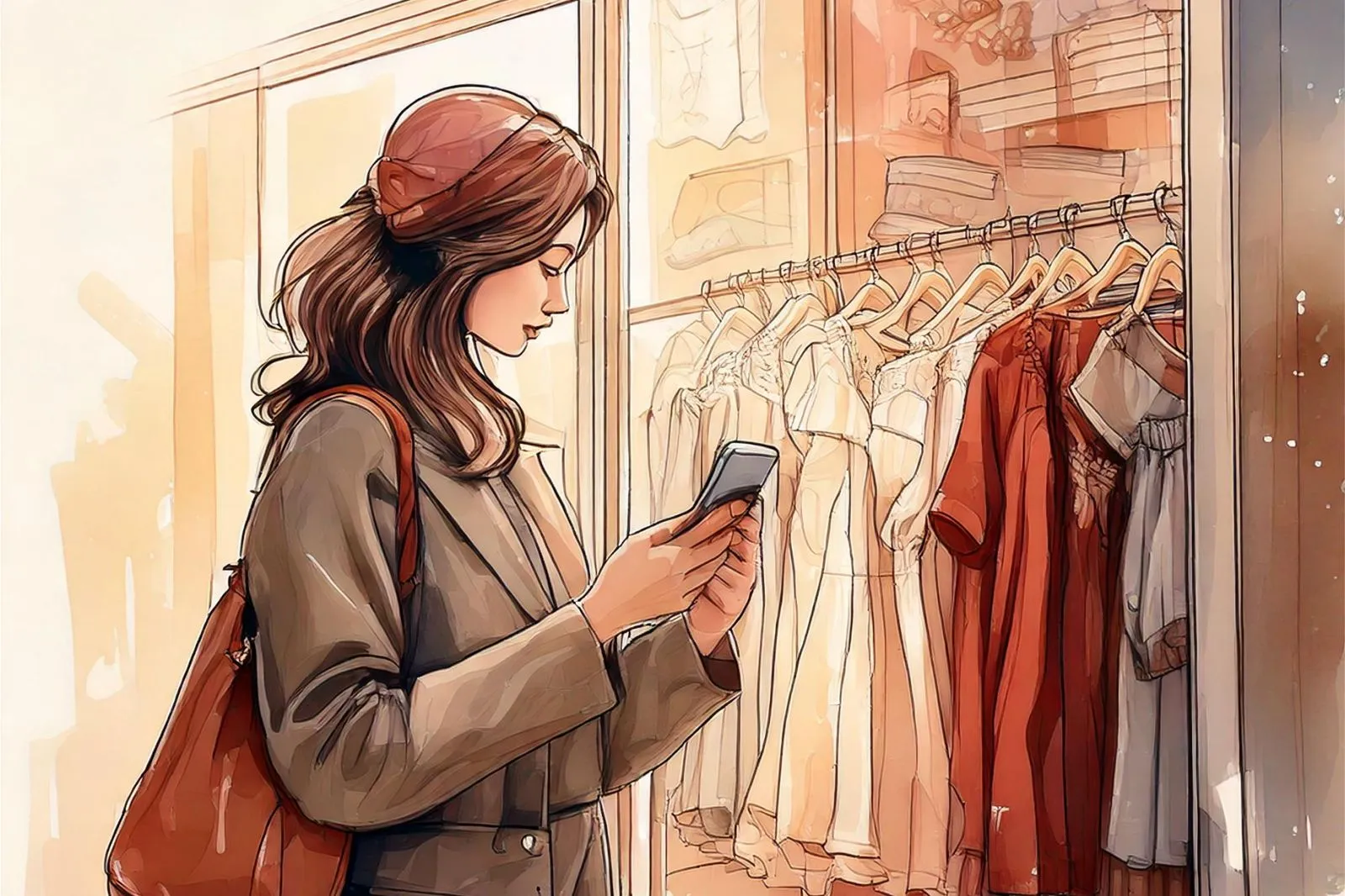A woman window shopping and using her phone.