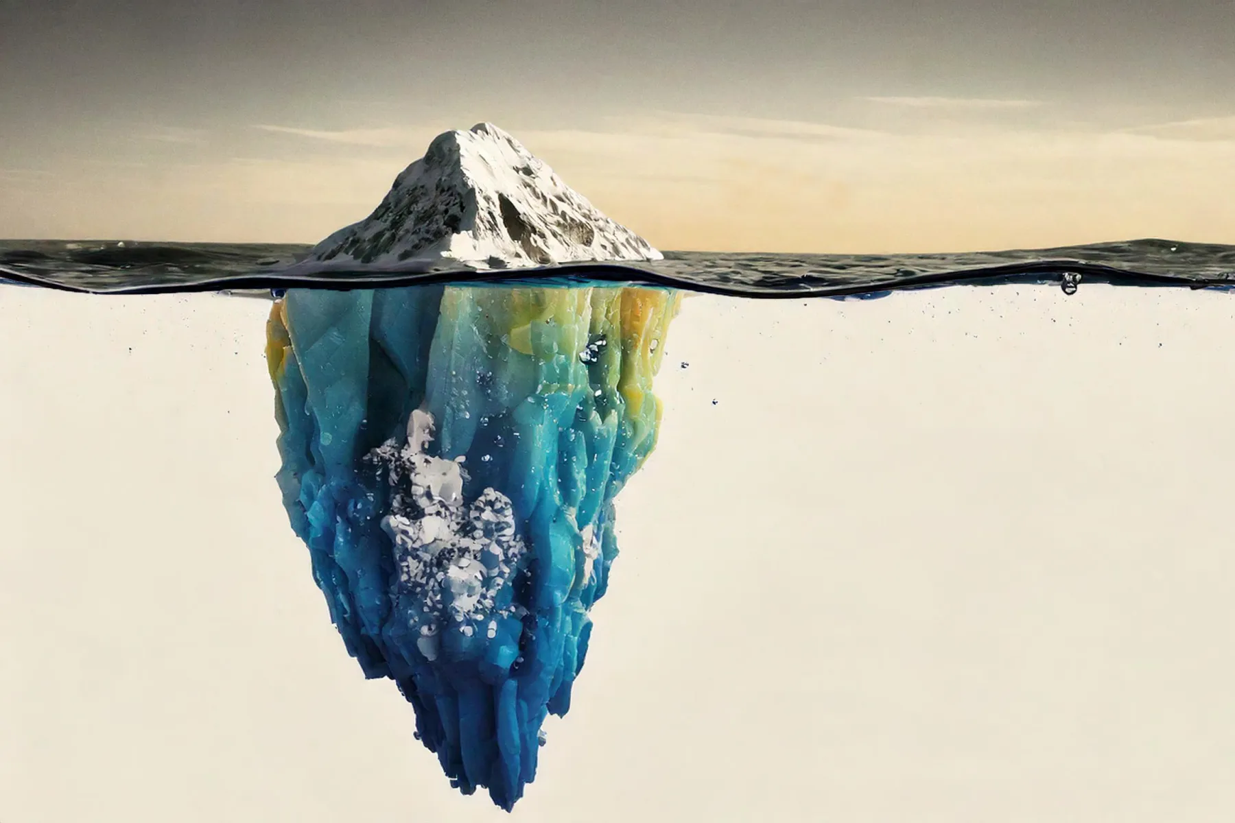 Illustration of a mountain above water representing outdated payment infrastructures with hidden complexities below the surface, symbolizing the illusion of real-time payments.