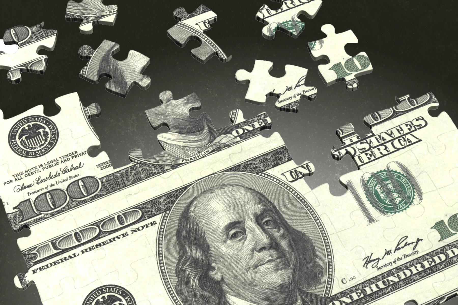 Puzzle pieces of a $100 bill being assembled, symbolizing the challenges and evolving strategies for ISOs in the payments industry.