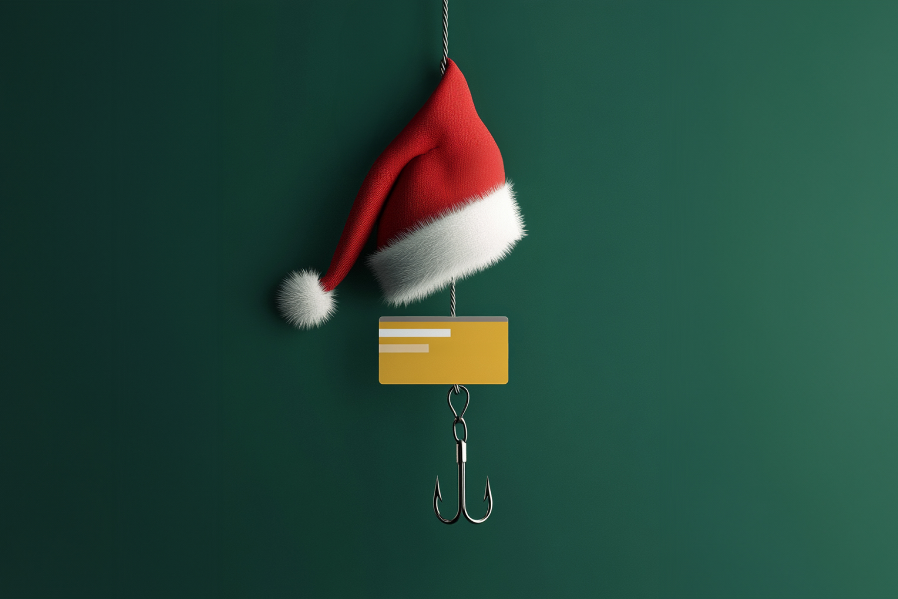 A credit card hooked on a fishing line with a Santa hat above it, symbolizing holiday season credit card fraud and scams for merchants