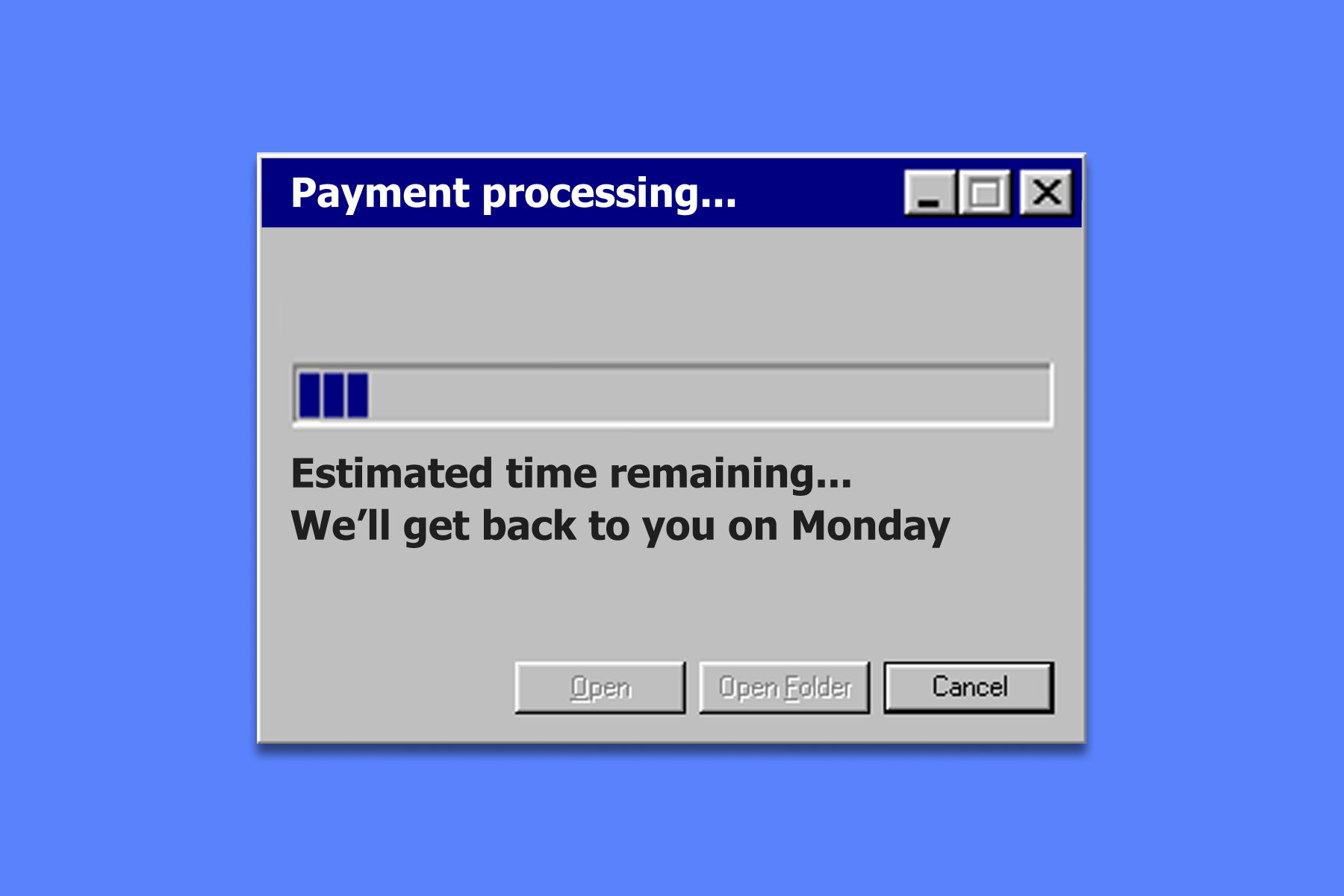 Retro-style progress bar illustration showing a delayed payment message, symbolizing inefficiencies and delays in the payments industry.