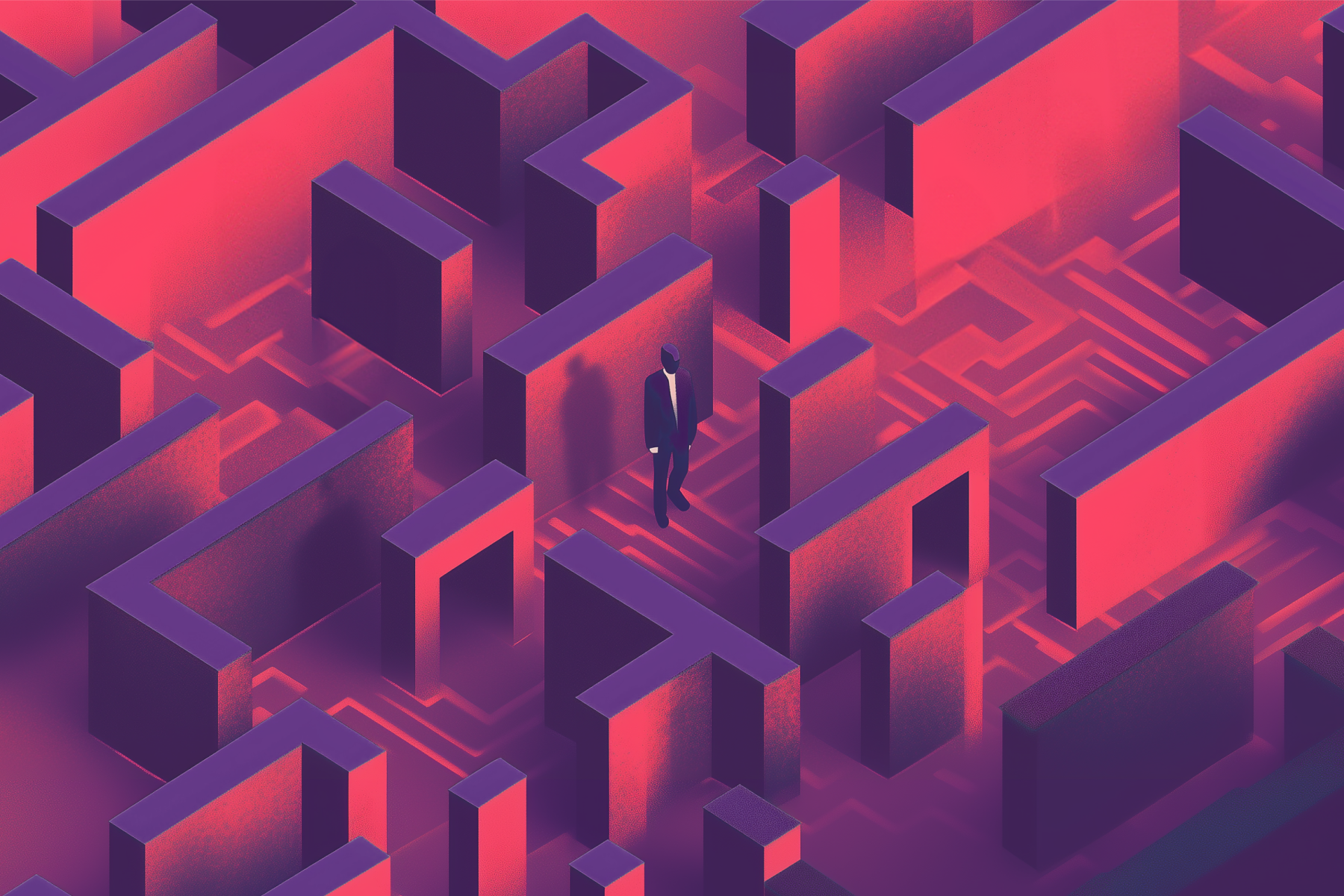 Illustration of a businessperson navigating a maze representing the complexities of payment integration and technology adoption.