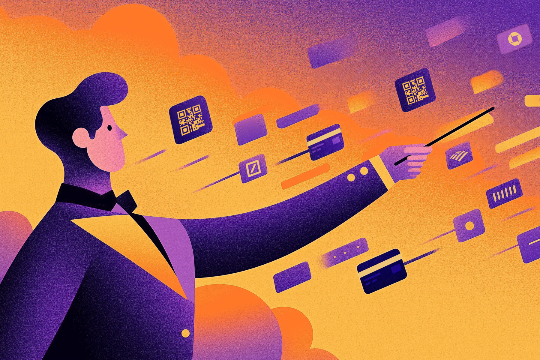 Illustration of a business professional orchestrating payment methods, including QR codes, cards, and digital platforms, symbolizing payment orchestration.