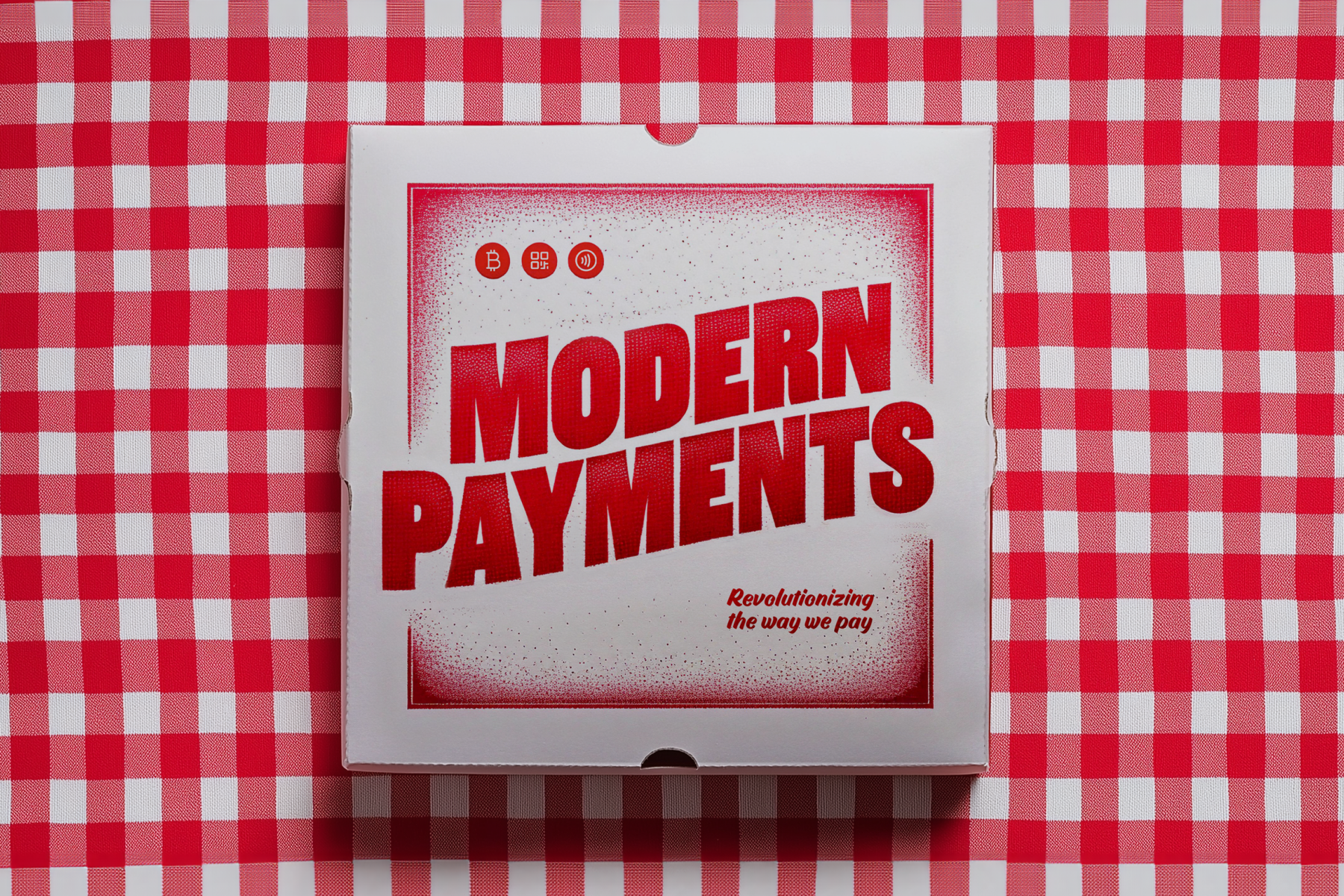 A pizza box that says "Modern Payments" and the tagline "Revolutionizing the way we pay," on a red-and-white checkered tablecloth, symbolizing the evolution of payment systems inspired by pizza delivery innovations.
