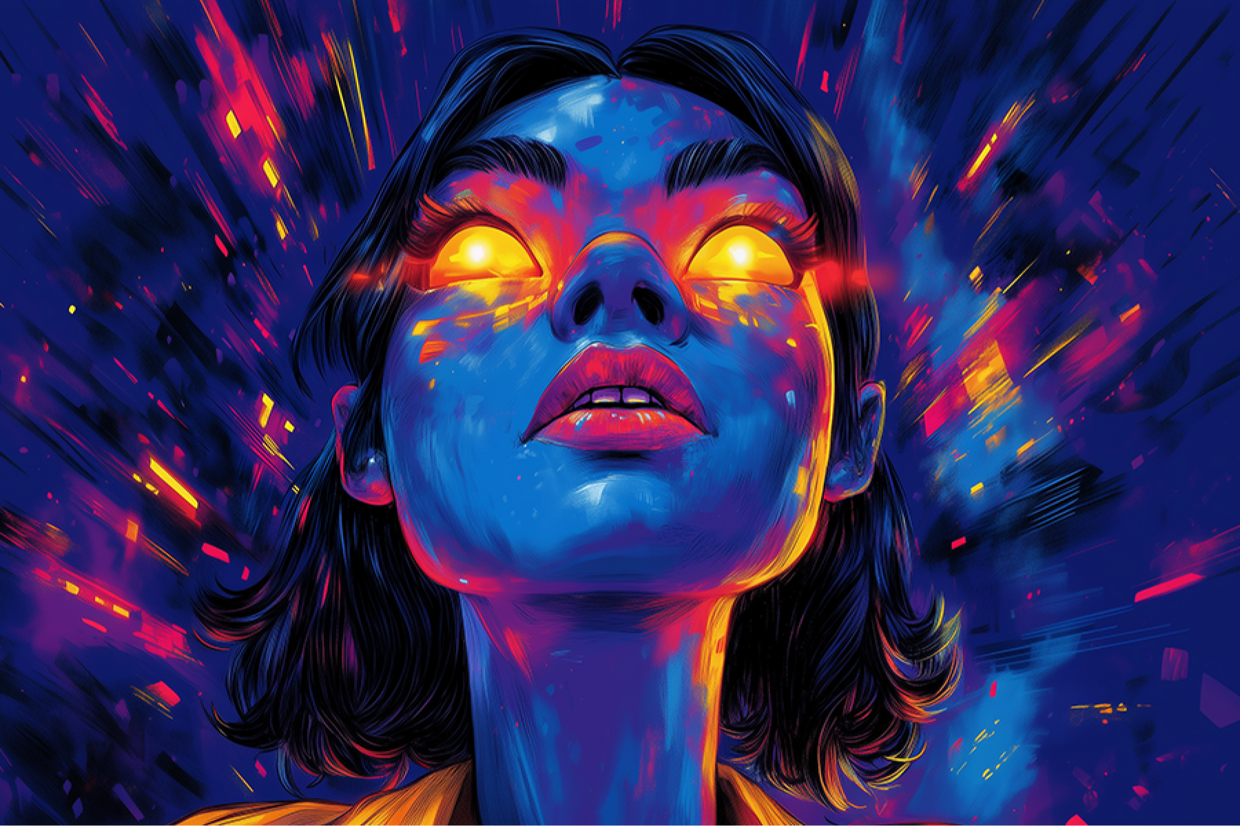 A vibrant digital illustration of a woman with glowing eyes, symbolizing rapid technological advances and the impact of speed in modern payment systems.
