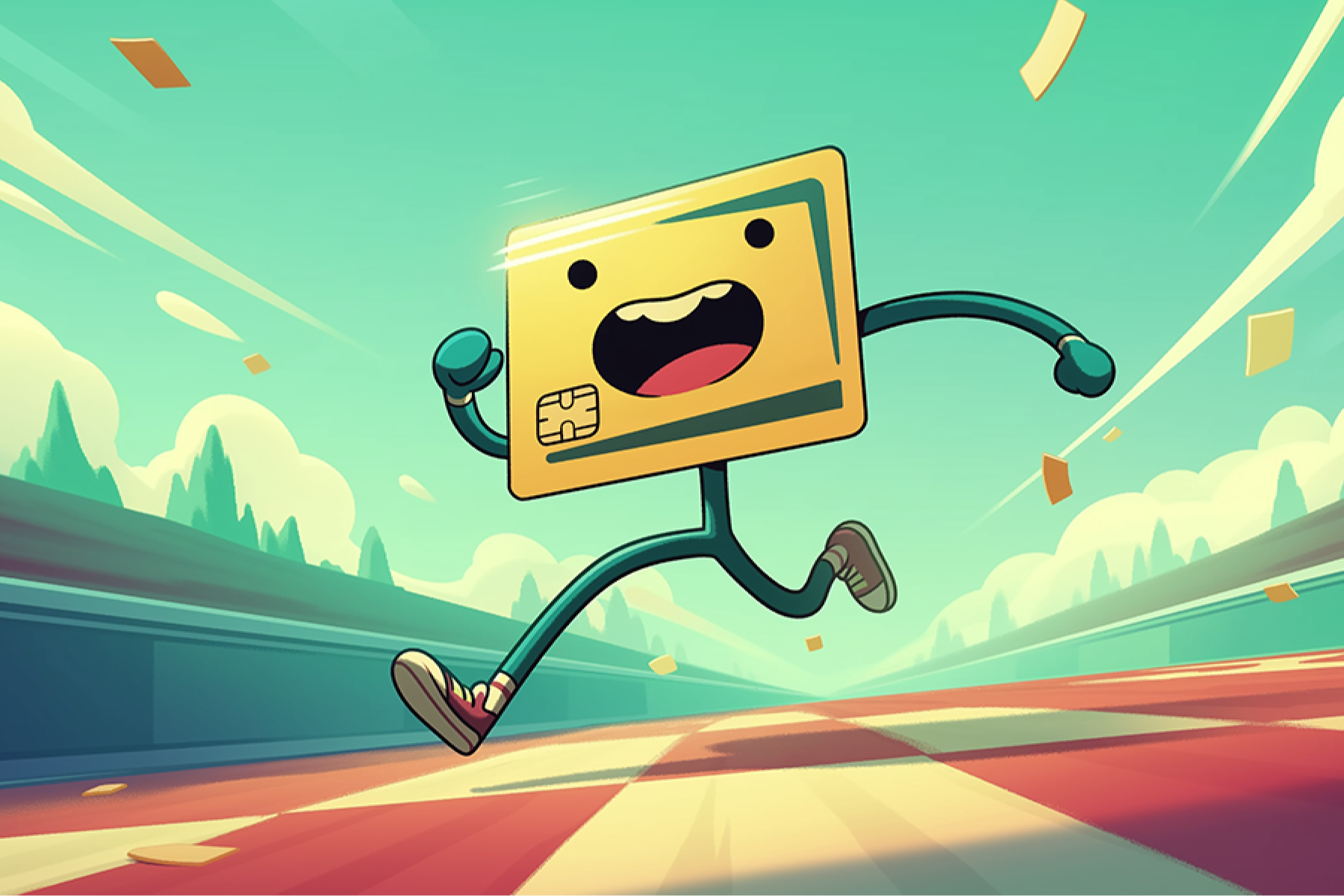 Playful illustration of a running credit card symbolizing fast payment processing in e-commerce.