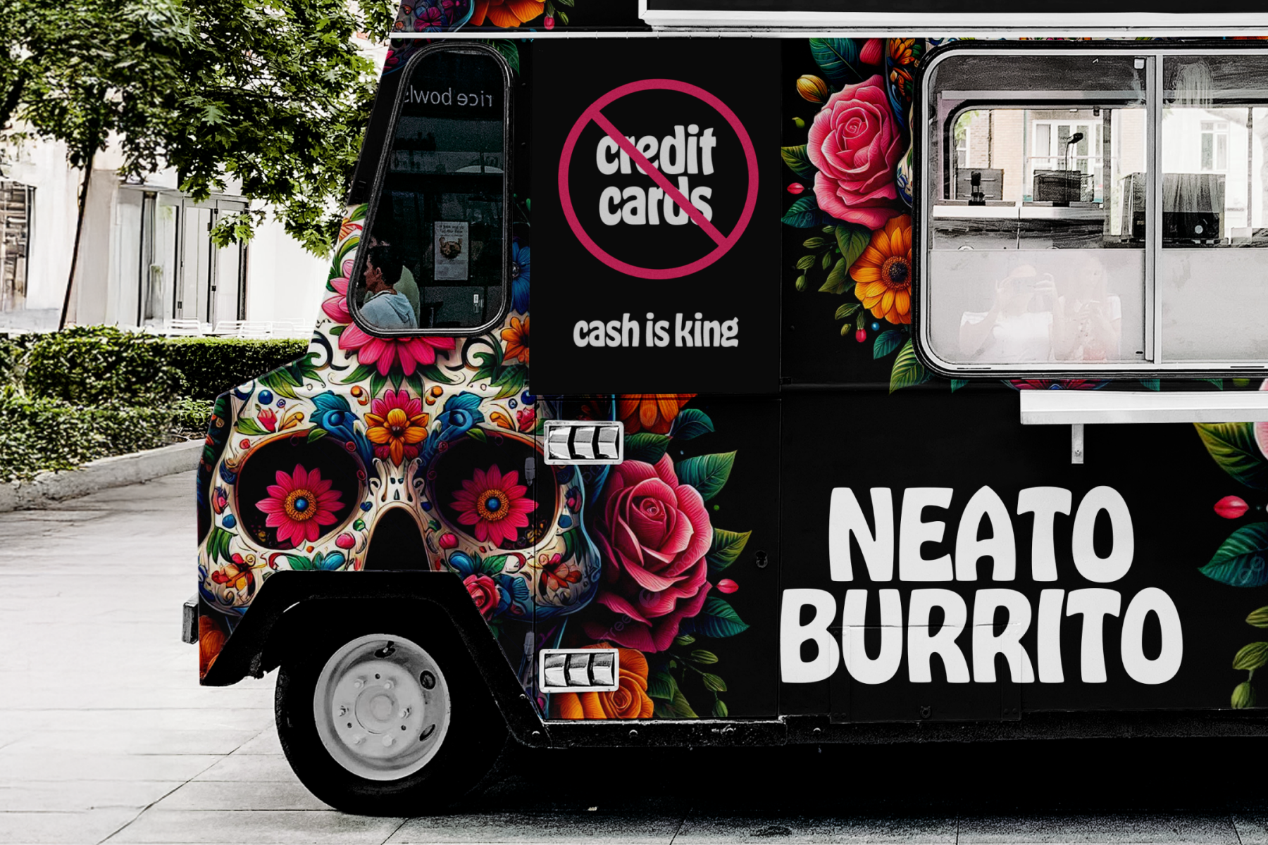 Food truck that reads 'No credit cards, cash is king,' highlighting the challenges of card payment fees for small businesses.