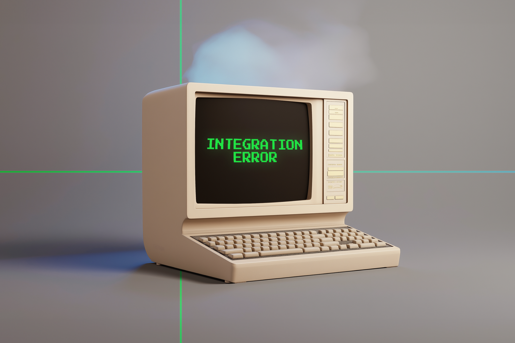 Retro computer showing 'Integration Error,' highlighting challenges in automated payment system implementation.