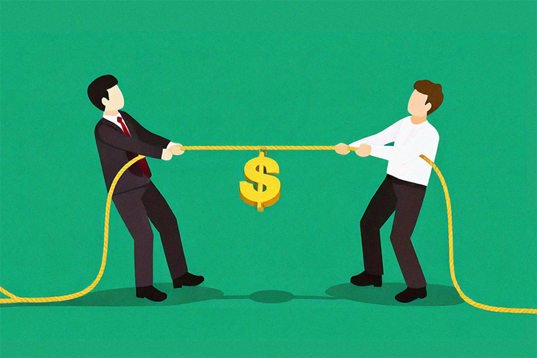 Illustration of two people in a tug-of-war with a dollar sign, symbolizing chargeback disputes caused by unclear refund policies.