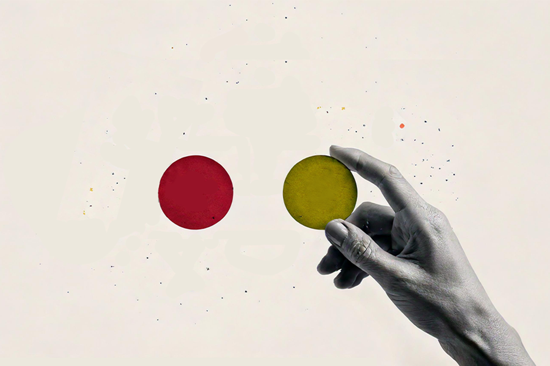 A hand holding a yellow circle next to a red circle, symbolizing the decision-making process.