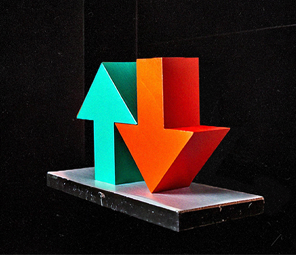 3D arrows representing a rise and fall, as an upward green arrow and a downward orange arrow on a dark background.