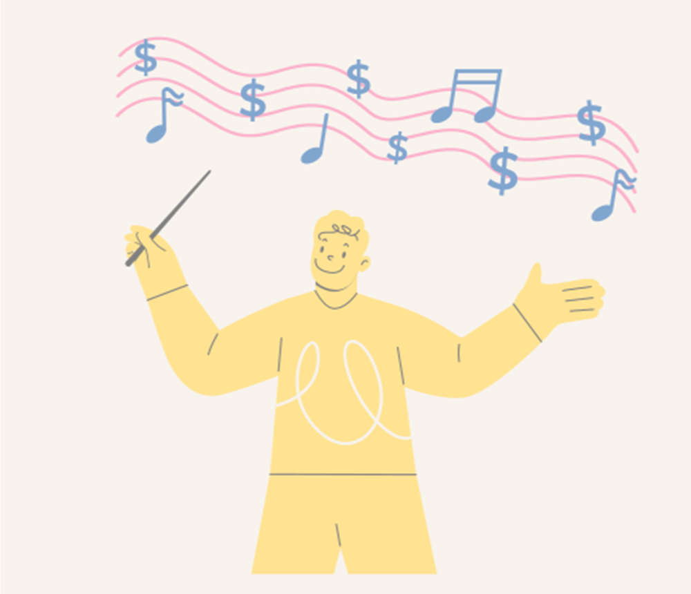 Illustration of a conductor orchestrating a musical staff with dollar signs and music notes to show harmonious payments.