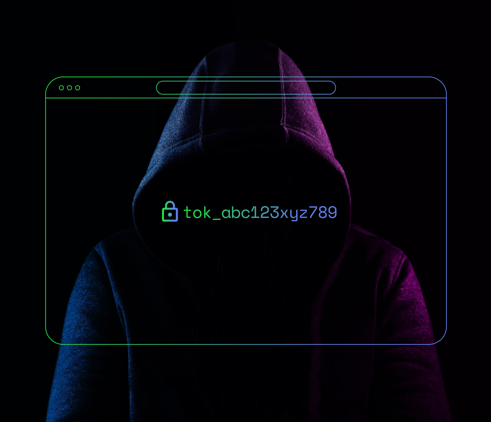Hacker in a dark hoodie with an overlay of a secure token, representing tokenization protecting payment data.