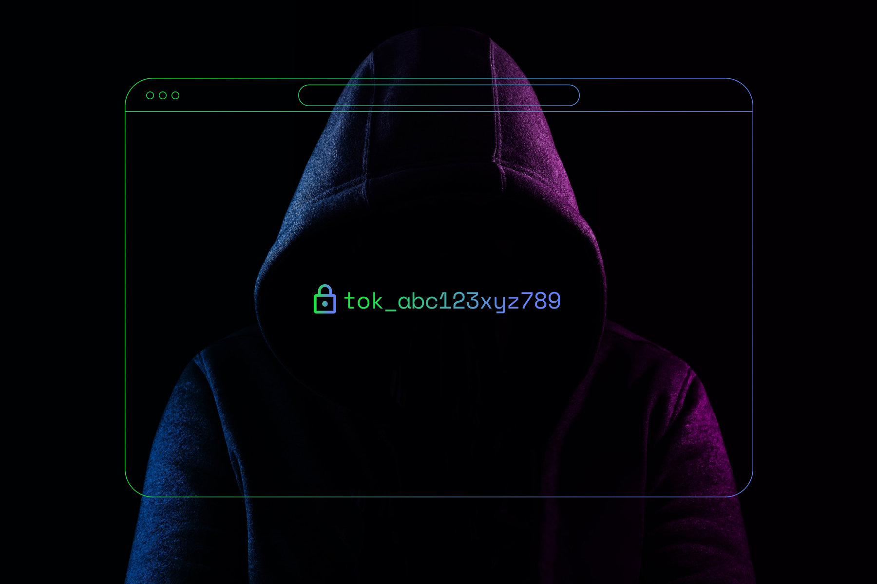 Hacker in a dark hoodie with an overlay of a secure token, representing tokenization protecting payment data.