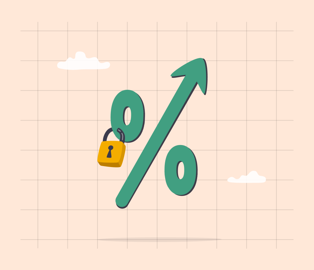 Illustration of a percentage symbol with an upward arrow and a padlock.