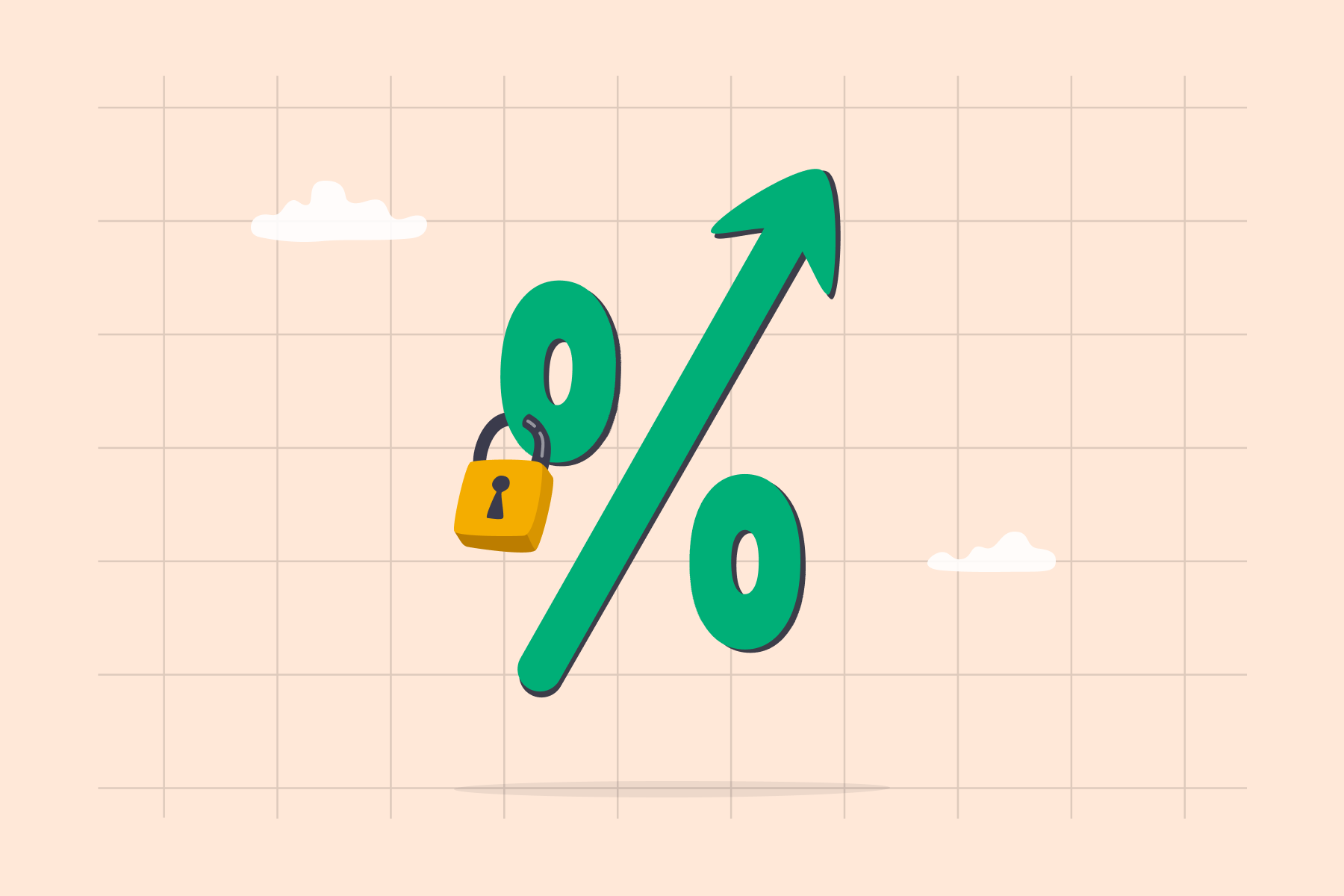 Illustration of a percentage symbol with an upward arrow and a padlock.