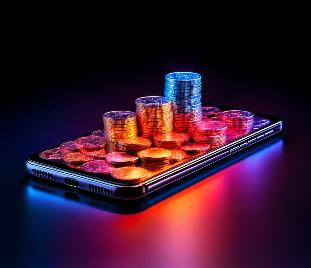 Stacks of digital coins emerging from a smartphone screen, symbolizing the rise of mobile payments and digital currency, online transactions.