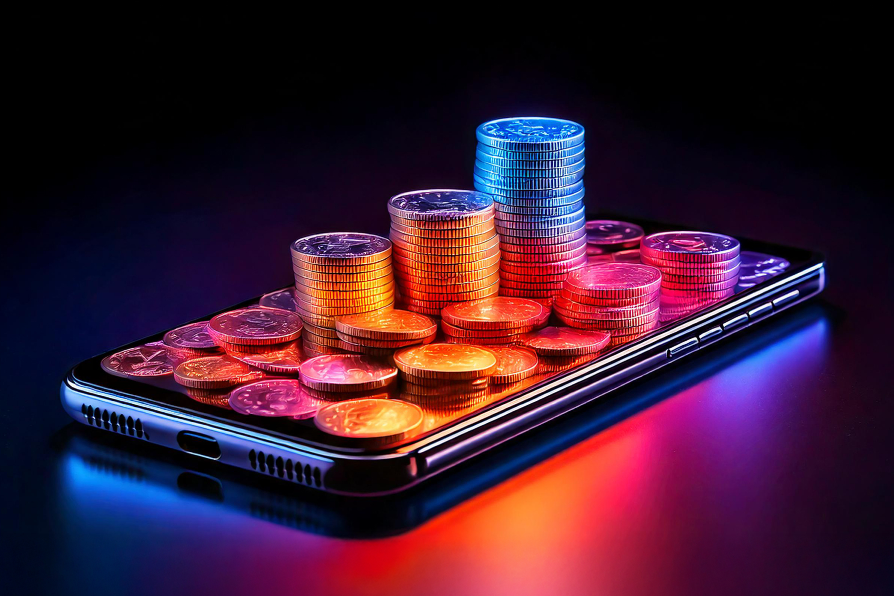 Stacks of digital coins emerging from a smartphone screen, symbolizing the rise of mobile payments and digital currency, online transactions.