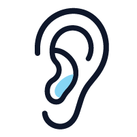 Icono de una oreja con un área azul destacada dentro del conducto auditivo.