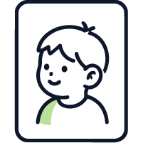 Icono lineal de un niño con cabello corto y una camiseta, con un fondo blanco y borde redondeado.