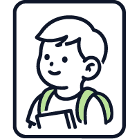 Dibujo lineal de un niño sonriente con mochila y libro en la mano, dentro de un marco rectangular con bordes redondeados.
