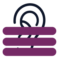Icono de una oreja parcialmente cubierta por tres líneas horizontales moradas que simbolizan la sordera o dificultad auditiva.