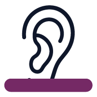 Icono estilizado de una oreja en color negro con una línea horizontal púrpura en la base.