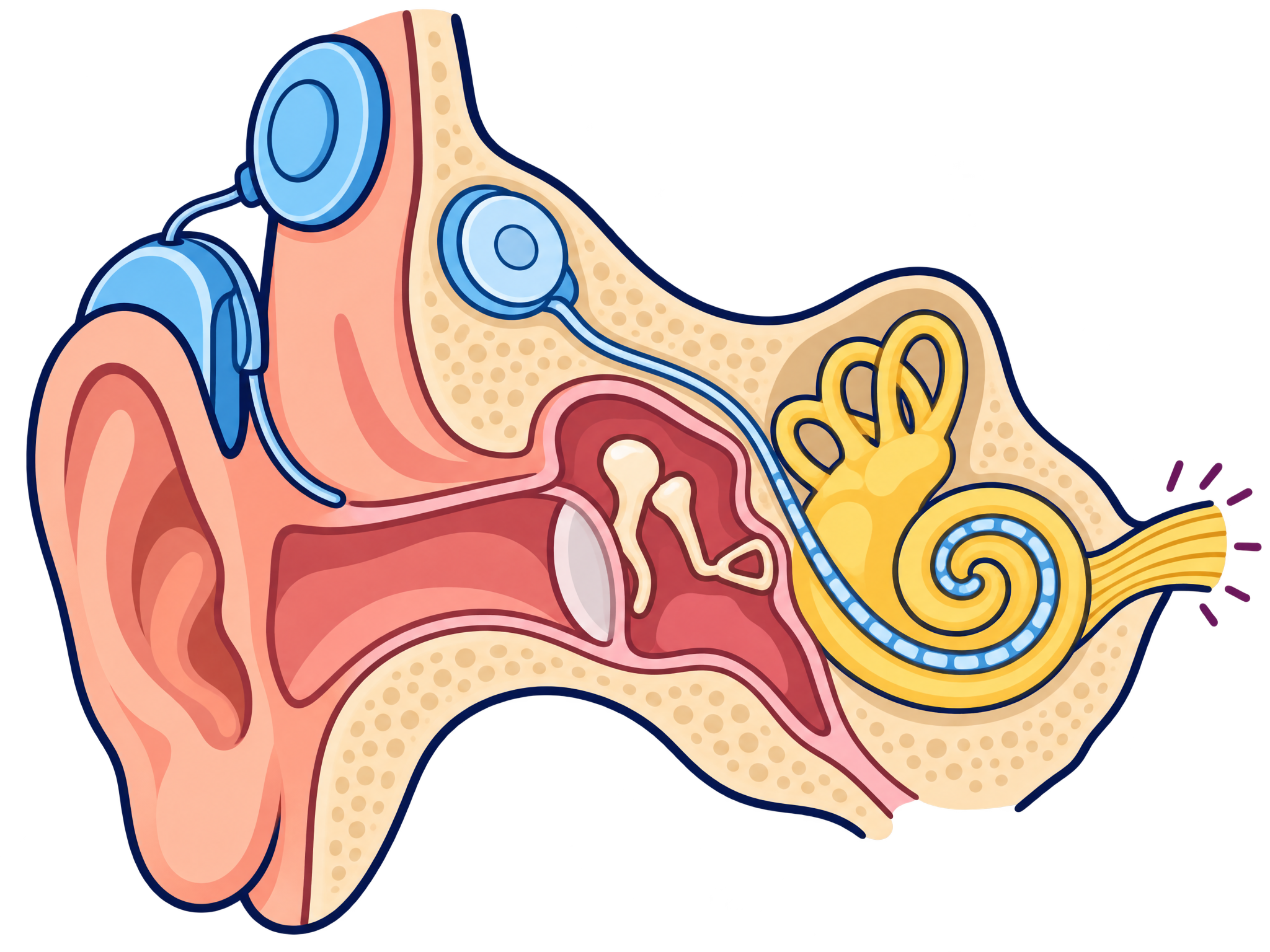 Ilustración esquemática de la anatomía del oído humano con implante coclear incorporado, mostrando el oído externo, oído medio con huesecillos, cóclea y nervio auditivo.