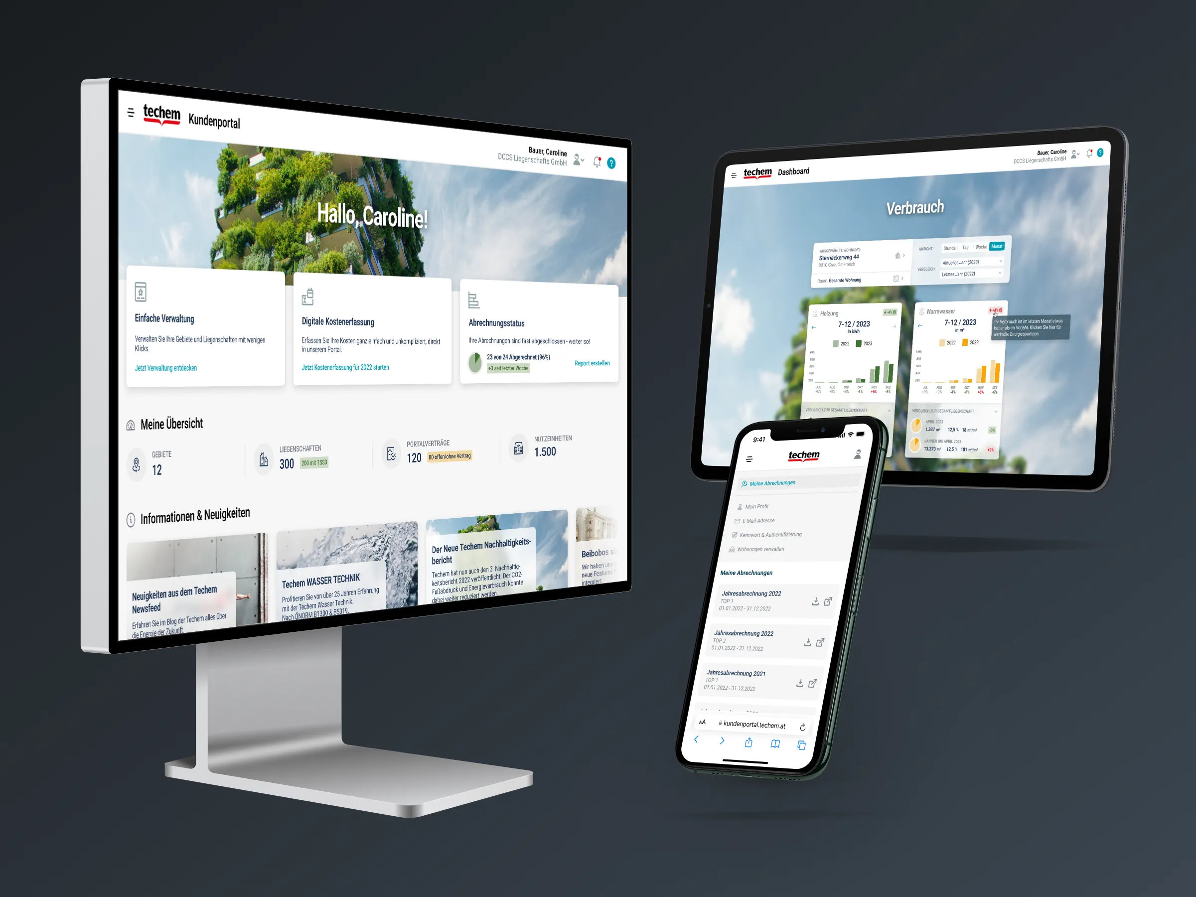 Drei Bildschirme zeigen das Techem Kundenportal mit Dashboard, Verbrauchsübersicht und Abrechnungen auf Desktop, Tablet und Smartphone.