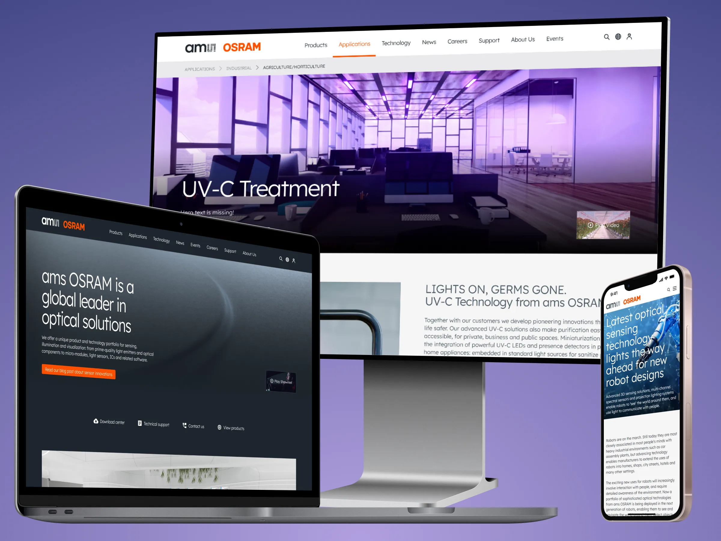 Laptop, desktop, and smartphone screens displaying ams OSRAM website pages about optical solutions, UV-C treatment, and sensing technology.