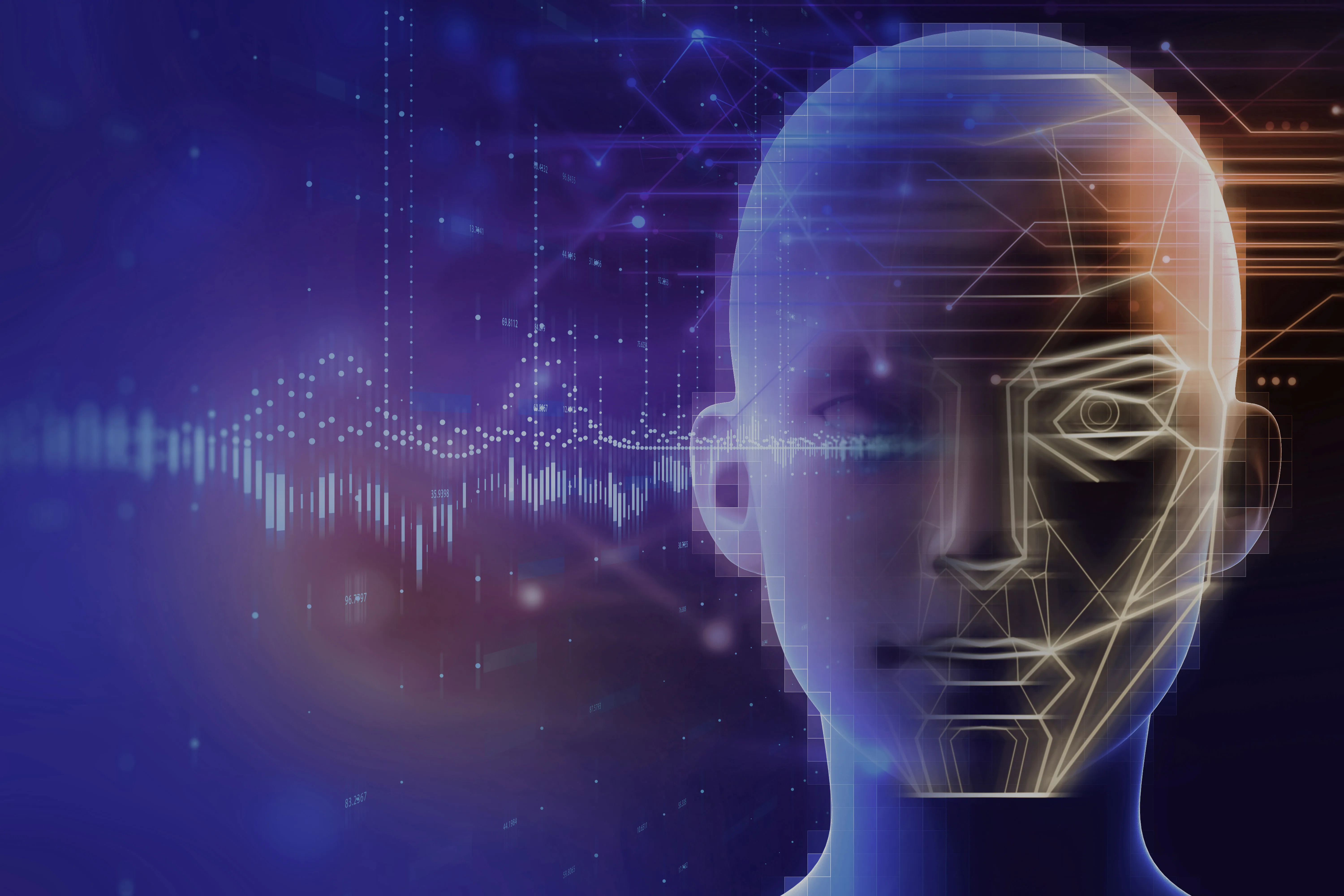 Digitales abstrahiertes Gesicht mit geometrischen Linien und Datenvisualisierungen im blauen und orangen Farbspektrum.