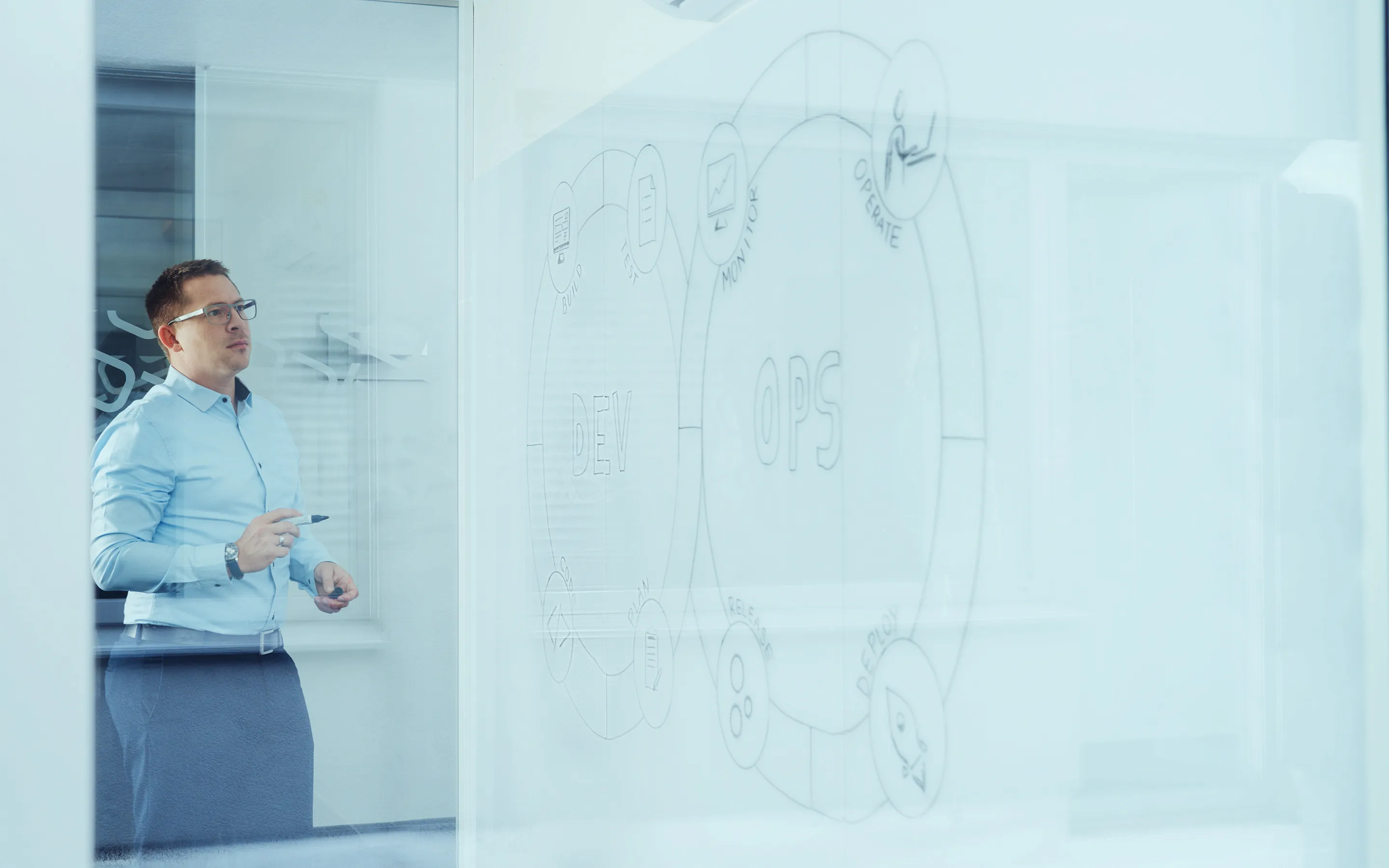 Mann mit Brille steht vor transparentem Whiteboard mit einem handgezeichneten DevOps-Kreislaufdiagramm.