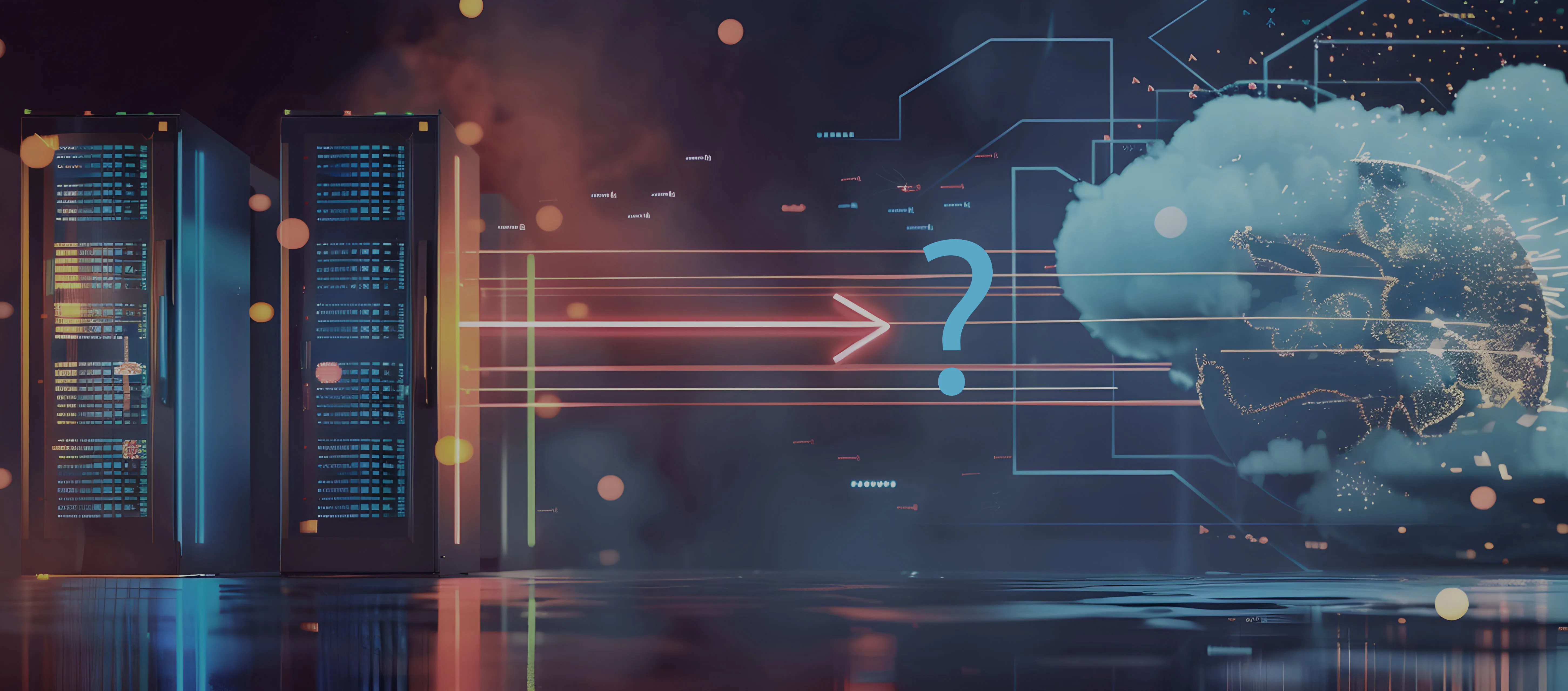 Rechenzentren mit Datenleitungen, die auf eine Wolke und einen Fragezeichen-Pfeil in einem digitalen, vernetzten Kontext zeigen.