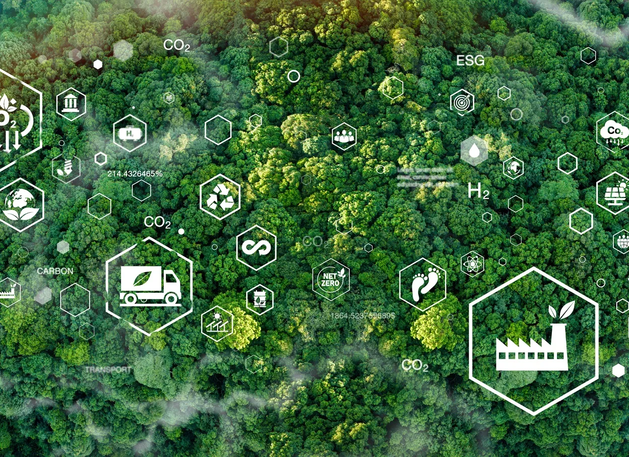 Luftaufnahme eines grünen Waldes mit überlagerten weißen Symbolen und Grafiken zu Nachhaltigkeit, CO2, Recycling, erneuerbarer Energie und umweltfreundlicher Industrie.